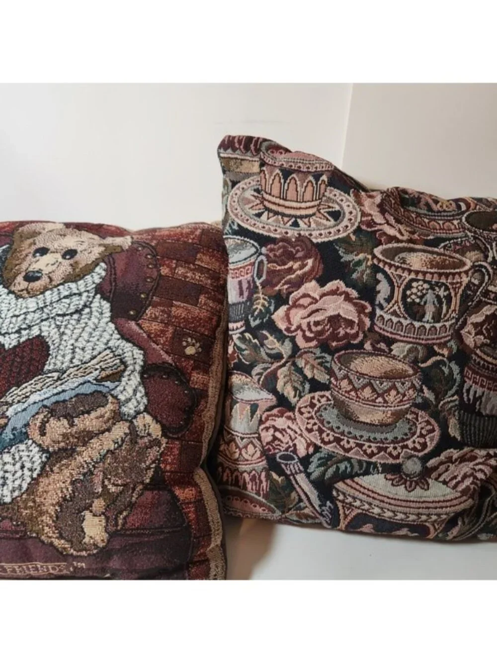 Boyds Bears & Friends Vintage Tapestry Throw‎ Pillows Set of 2 Bear & Teacups